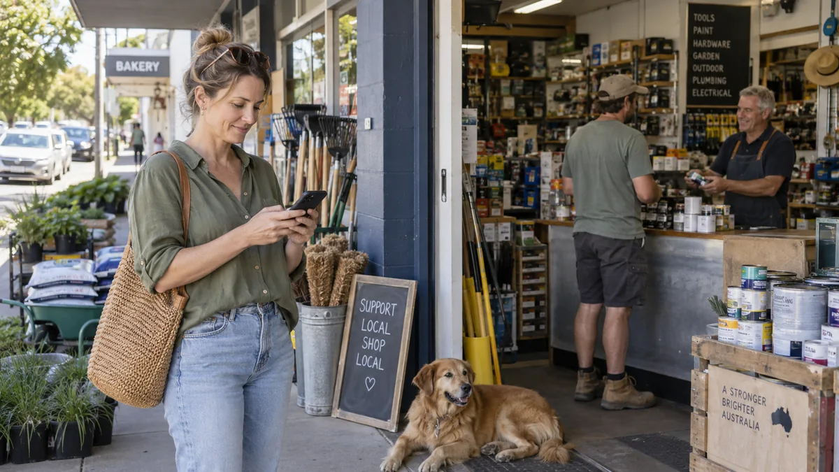 Customer checking a phone outside a local hardware shop.