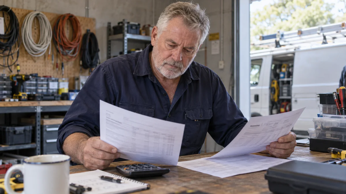 Electrician comparing service proposals at a desk.