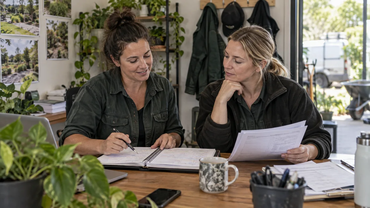 Gardening business owners reviewing enquiries and bookings.
