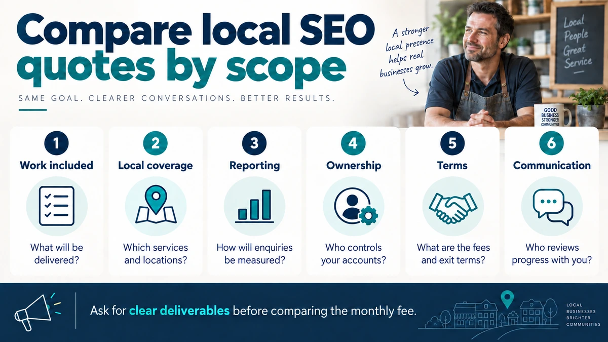 Local SEO quote checklist: work included, local coverage, reporting, account ownership, fees and exit terms, and communication.