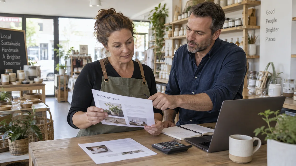 Small business owner discussing advertising management fees.