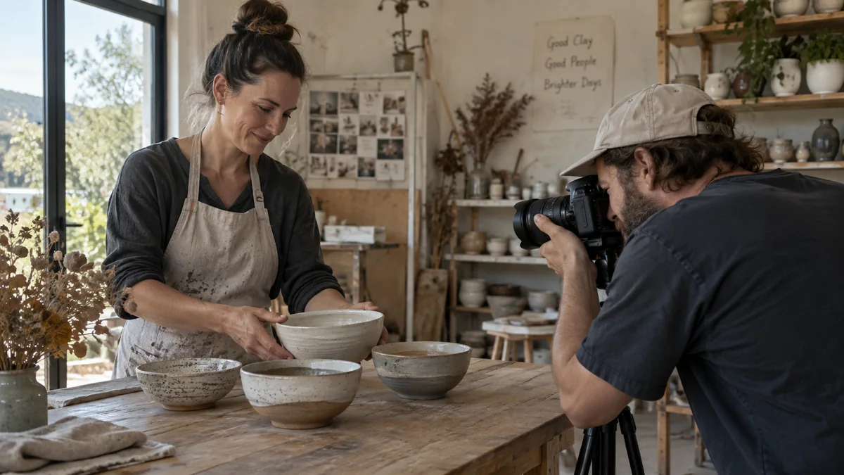 Ceramics maker working with a photographer on product images.