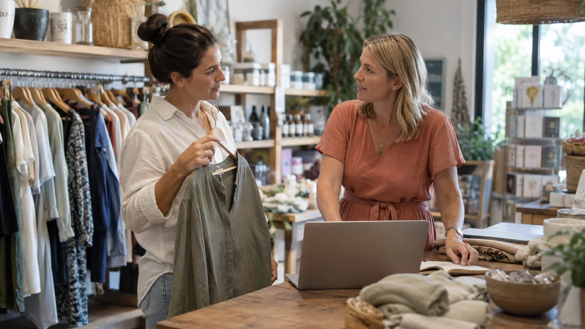 Boutique owners considering products for their advertising.