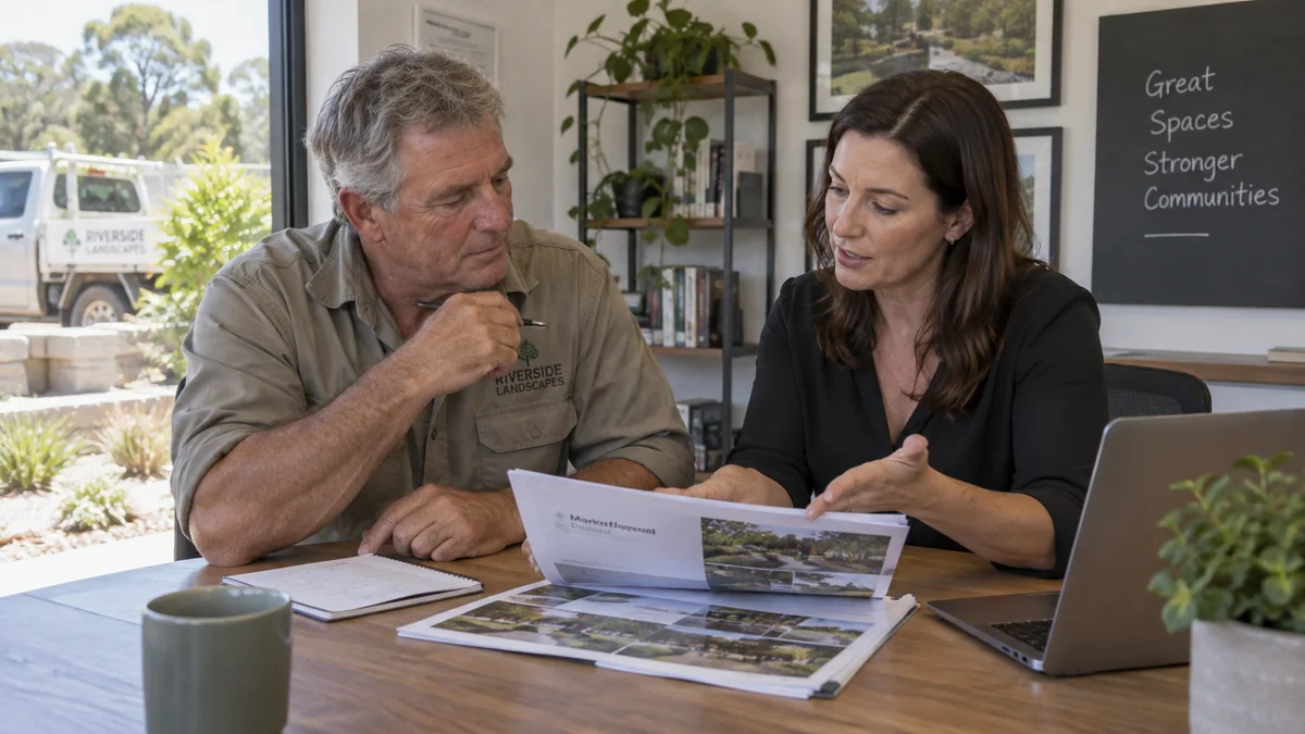 Landscaping business owner discussing a marketing contract.