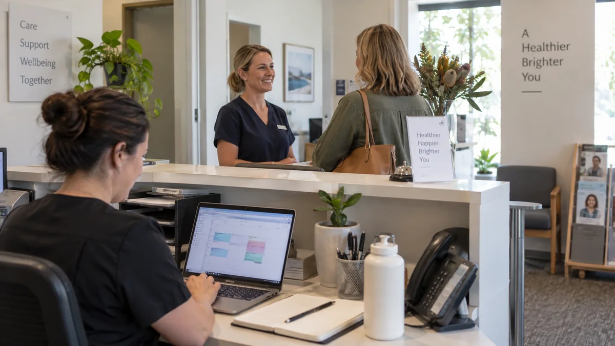Clinic receptionist using booking software while a colleague welcomes a visitor.