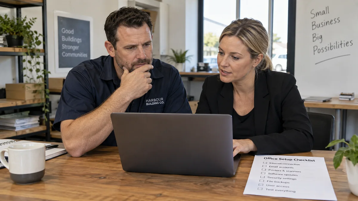Business owner and specialist setting up customer service systems.