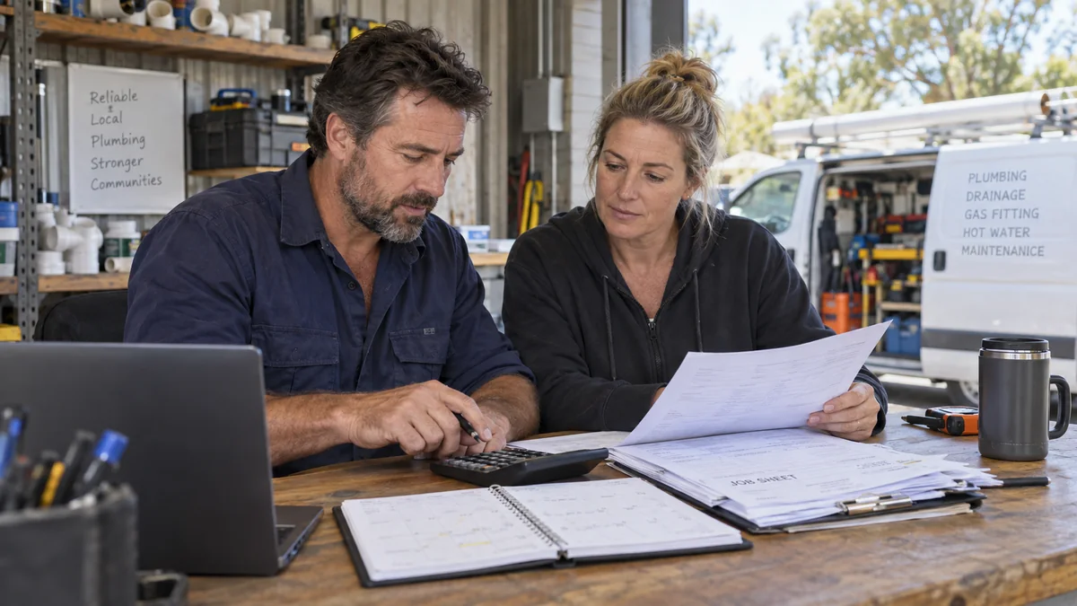 Plumbing business owners reviewing the value of their customer service tools.