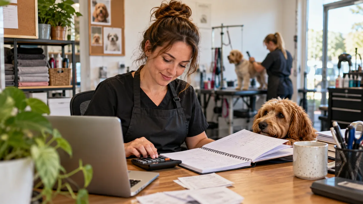 Female dog grooming owner reviews a budget notebook with calculator at her office desk.