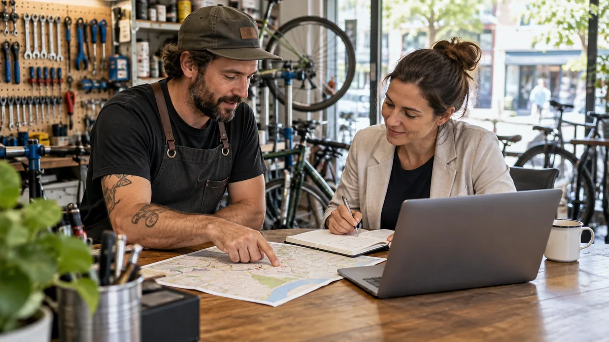 Bicycle repair shop owner and consultant discussing local map and one service plan at shop counter.