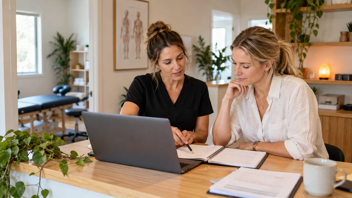 Two female allied health clinic owners compare marketing plans beside laptop in modest reception.