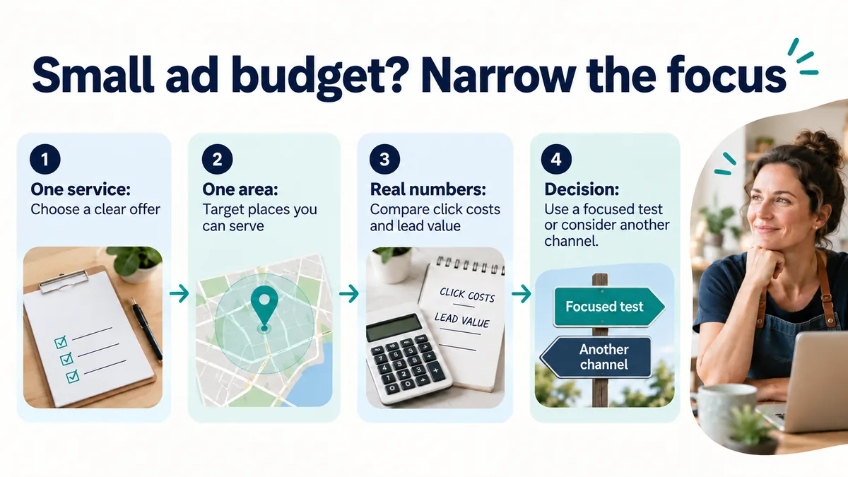 Small ad budget? Narrow the focus. One service: choose a clear offer. One area: target places you can serve. Real numbers: compare click costs and lead value. Decision: use a focused test or consider another channel.