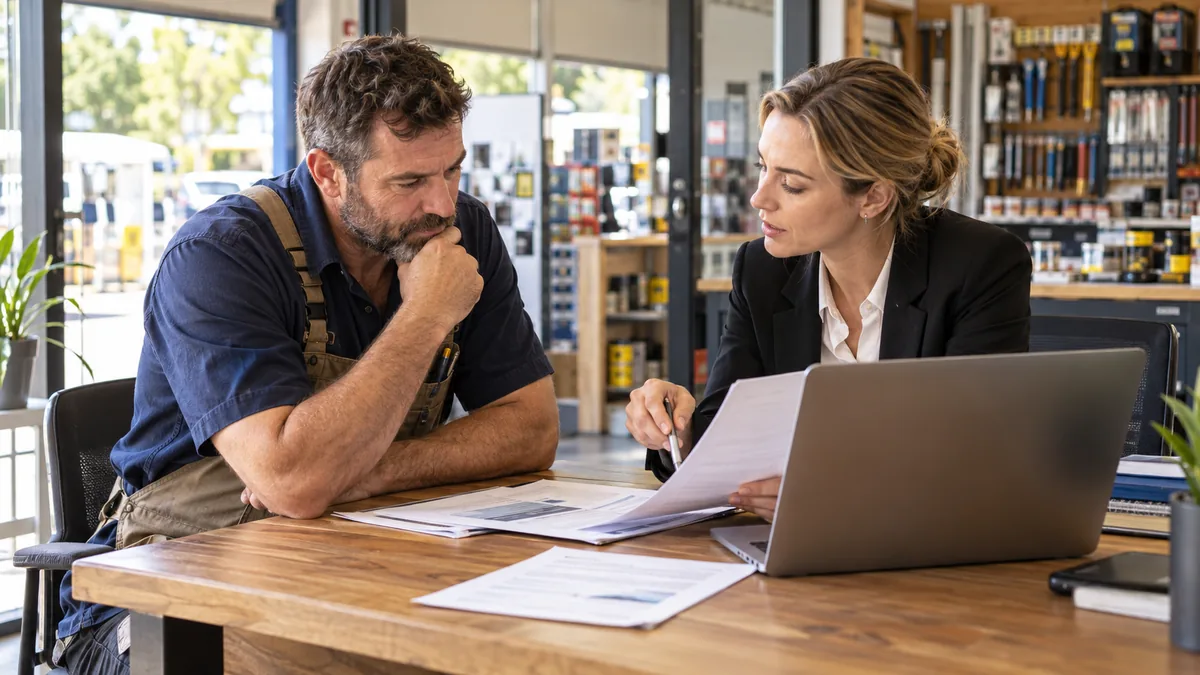 Hardware store owner compares two SEO proposals with advisor at office desk, focused conversation.