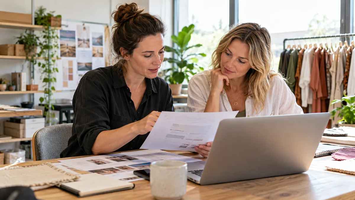 Female technical specialist and small business owner inspect paper website audit beside laptop, natural office.
