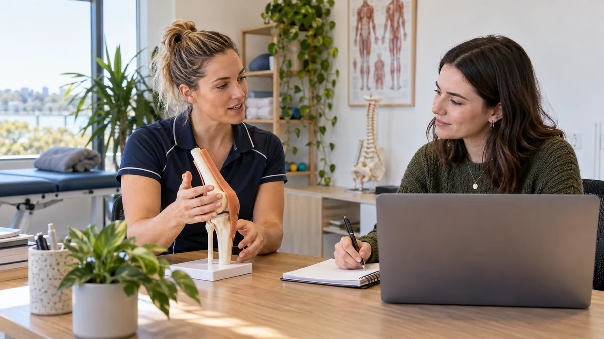 Local physiotherapist works with content writer on service explanation, clinic desk and notebook.