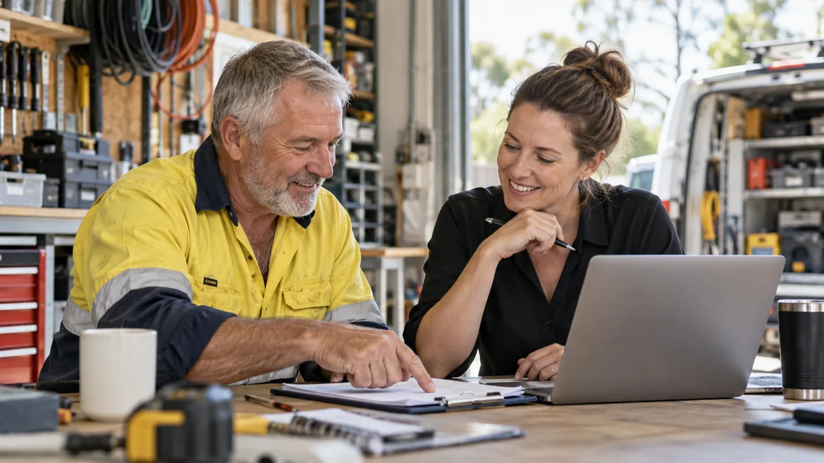 Older male electrician and female SEO consultant discuss contract checklist in tidy workshop.