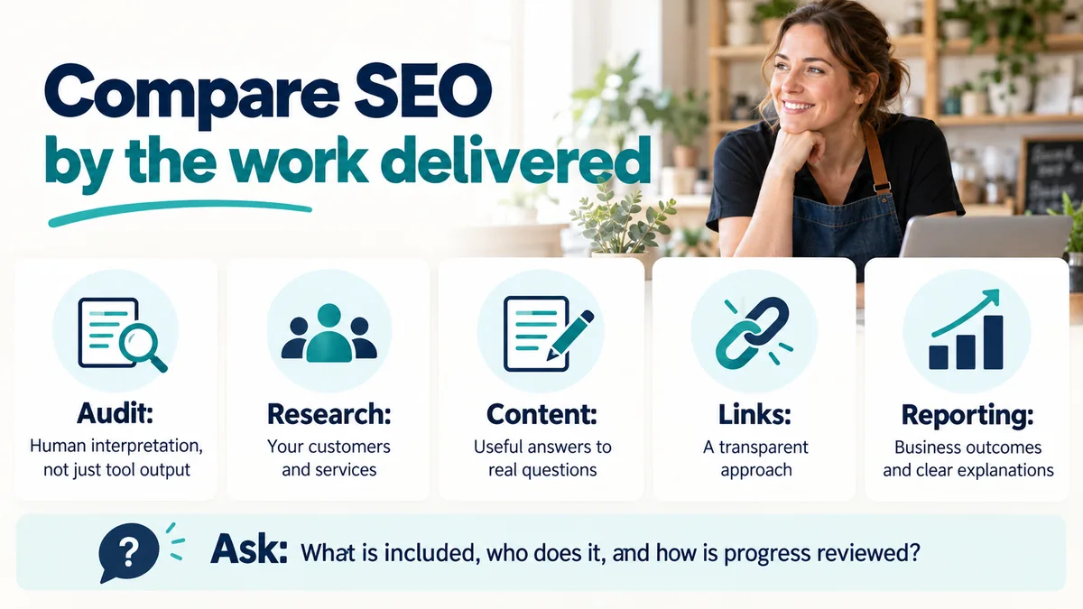 Compare SEO by the work delivered. Audit: human interpretation, not just tool output. Research: your customers and services. Content: useful answers to real questions. Links: a transparent approach. Reporting: business outcomes and clear explanations. Ask: what is included, who does it, and how is progress reviewed?