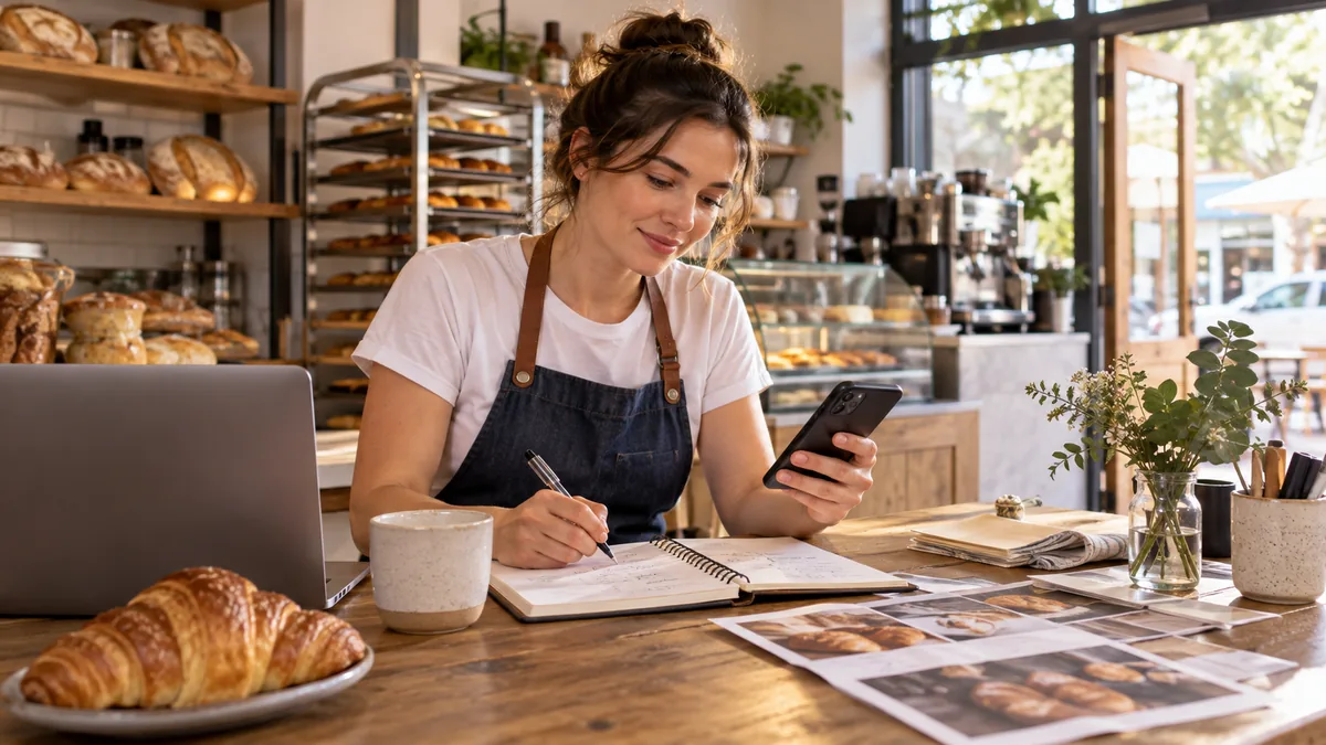Female bakery owner in apron plans social posts with notebook and phone at cafe table before opening.