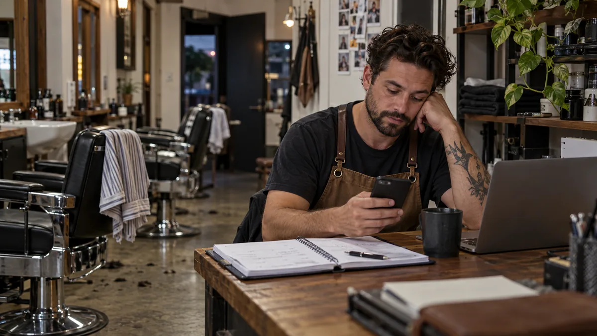 Male barber in shop back office after closing, checking phone beside appointment diary, composed but tired.