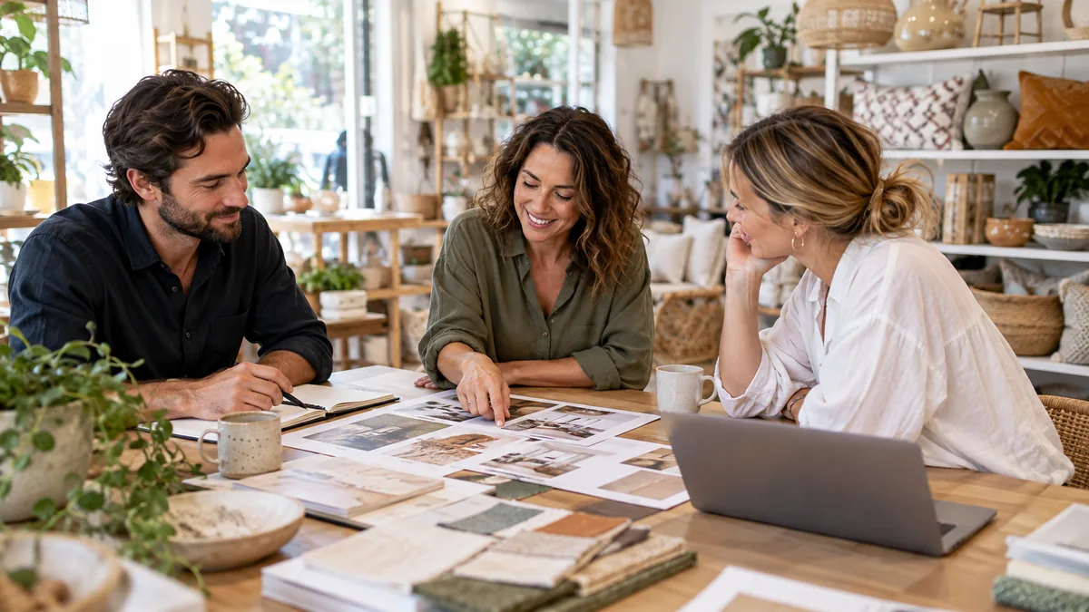 Home decor shop owner meets two agency staff at studio table with printed creative drafts.