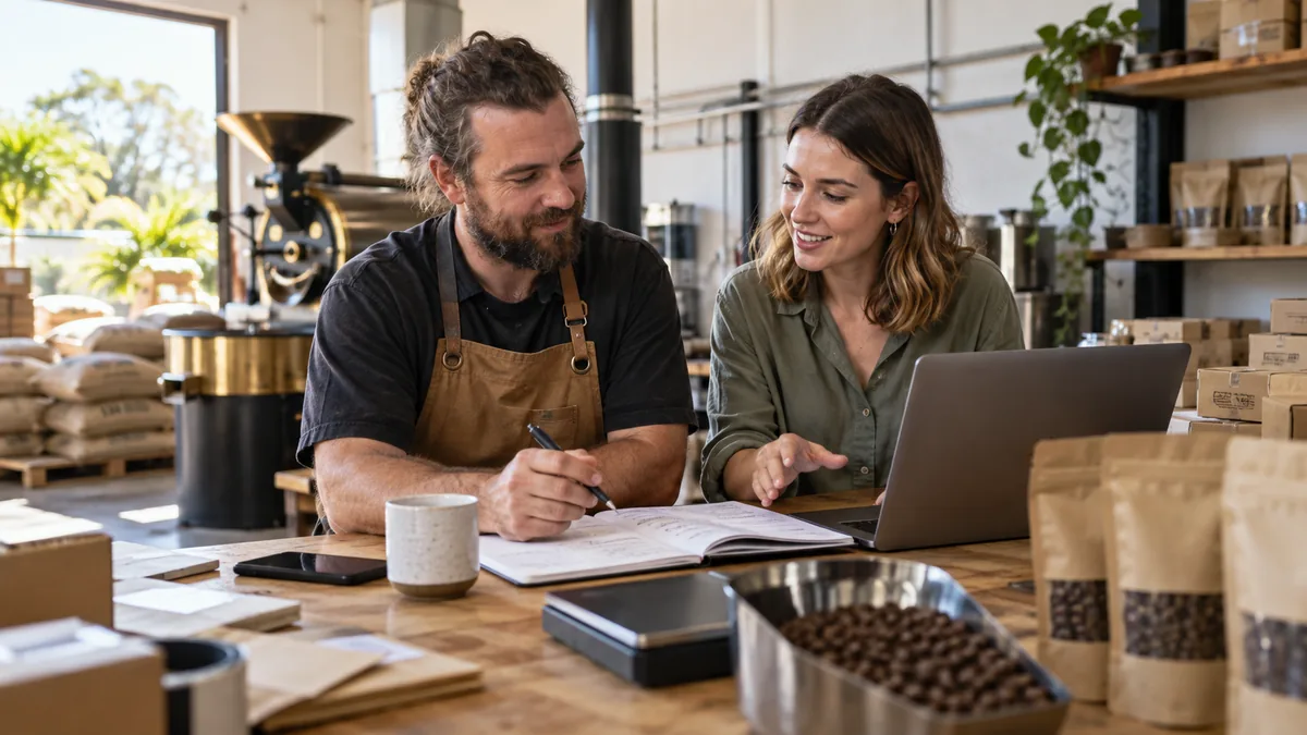 Coffee roastery owner and female freelance marketer discuss campaign plan at packing desk.