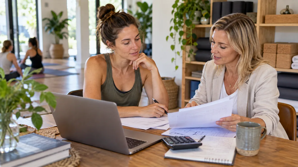 Female yoga studio owner and trusted advisor compare two proposals using notebook and calculator.