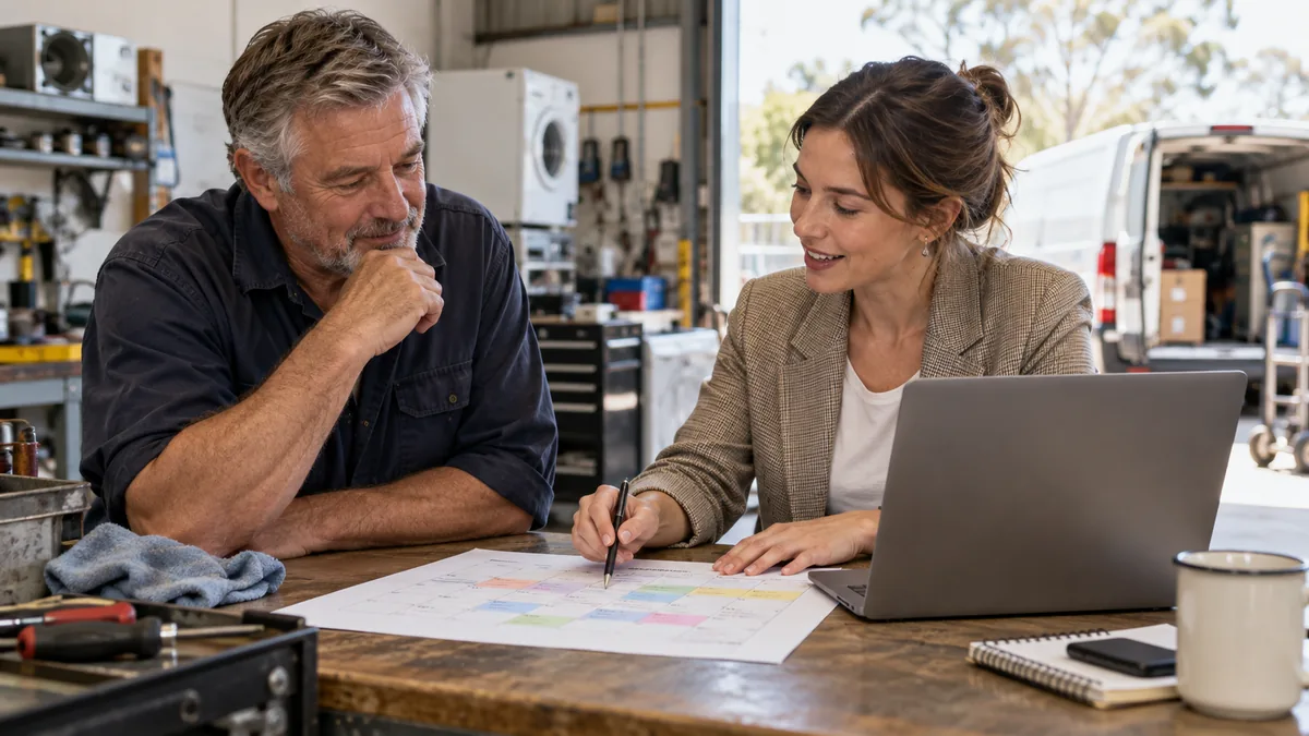 Older appliance repair owner and younger female ads consultant discuss one-page trial calendar.