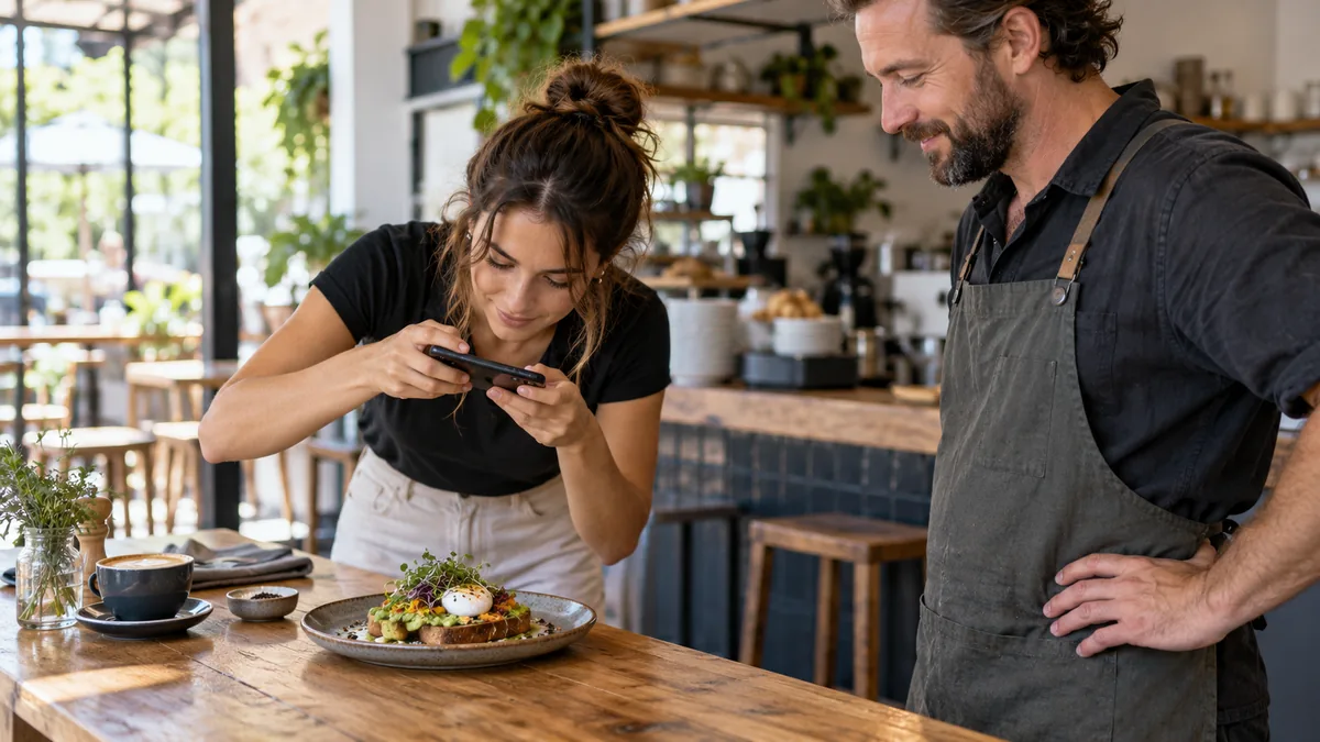 Female social media specialist photographs a cafe dish while male owner watches, phone aimed at dish, face profile visible.