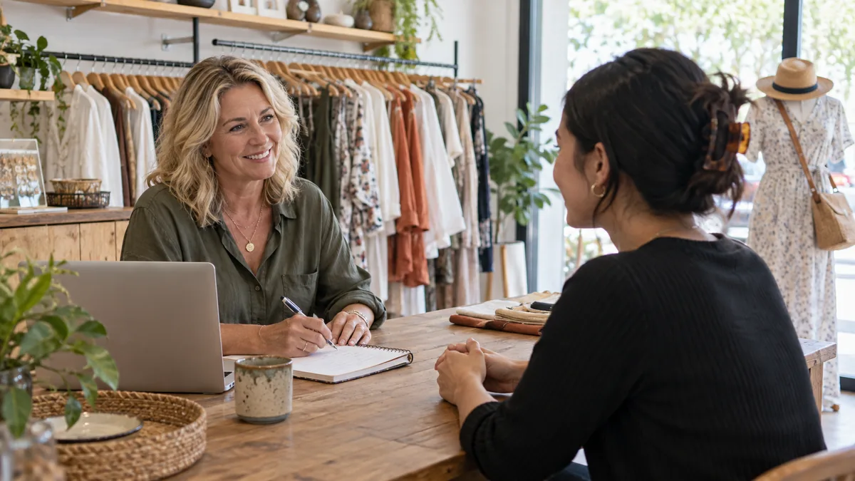 Mature female boutique owner interviewing diverse younger female marketing candidate across table, checklist notebook.