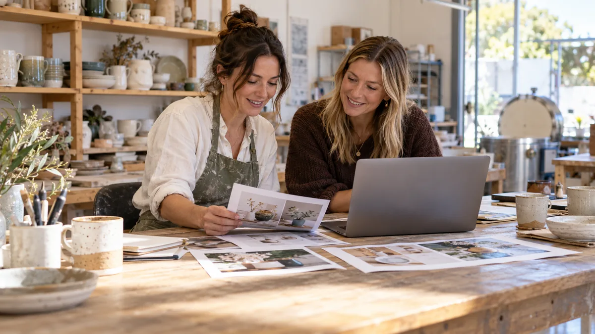 Business owner and social media manager review printed campaign examples and laptop side by side, ceramics studio.