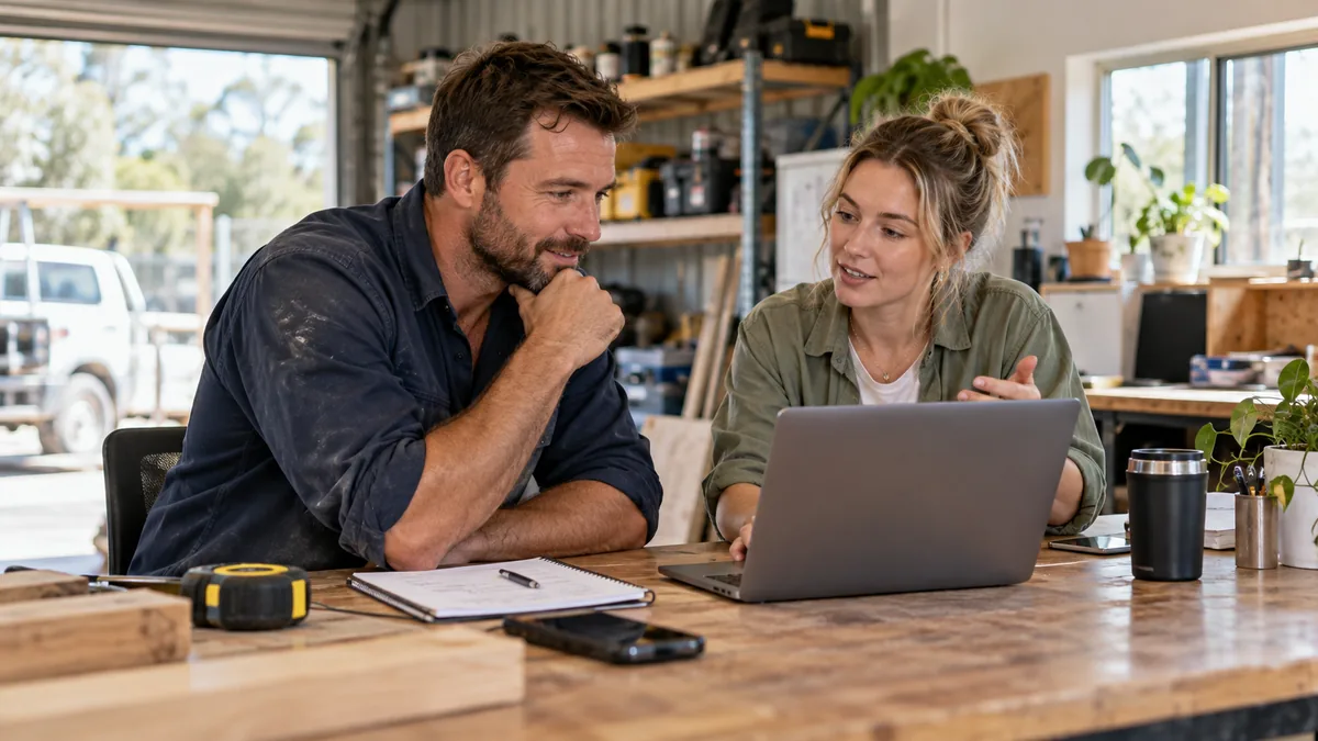 Male trades owner and female freelance social media manager discuss deliverables at workshop office desk.