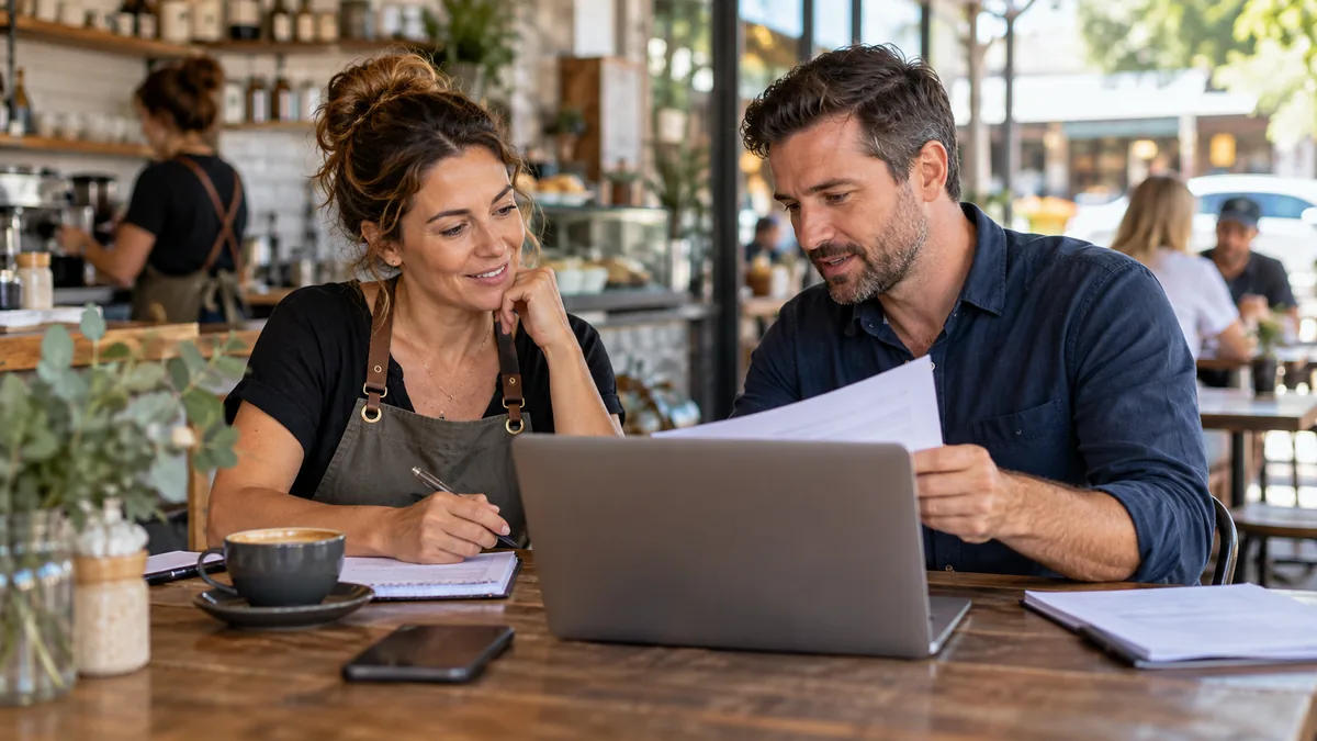 Female cafe owner and male SEO consultant compare written scope beside laptop at cafe table.