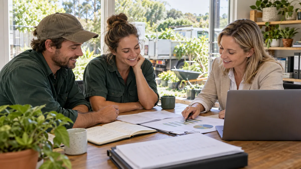 Gardening service owners review monthly enquiries ledger and paper chart with advisor at sunny office.