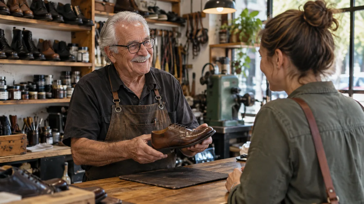 Older neighbourhood shoe repair owner serving local customer at shop counter, relatable trust.