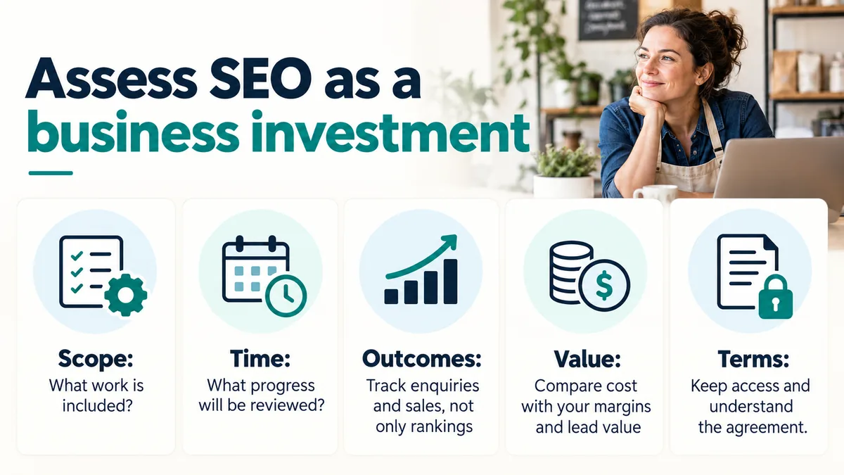 Assess SEO as a business investment. Scope: what work is included? Time: what progress will be reviewed? Outcomes: track enquiries and sales, not only rankings. Value: compare cost with your margins and lead value. Terms: keep access and understand the agreement.