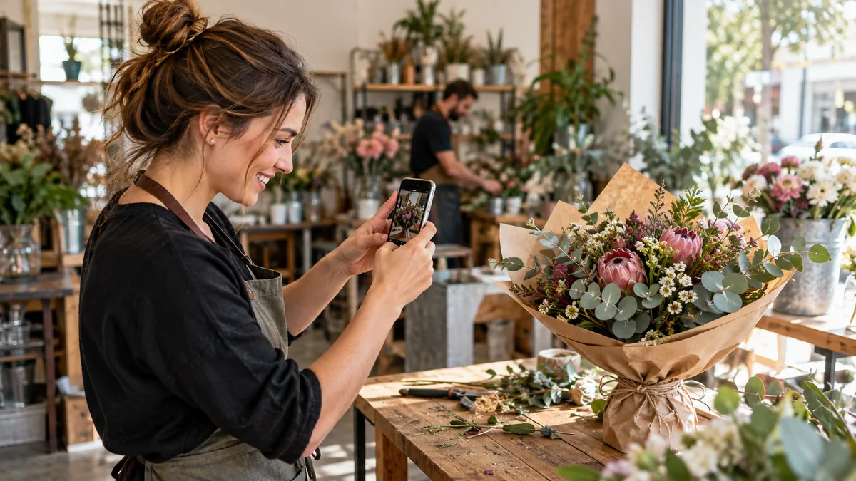 Florist photographs a finished bouquet with phone naturally oriented toward flowers, face visible in profile.