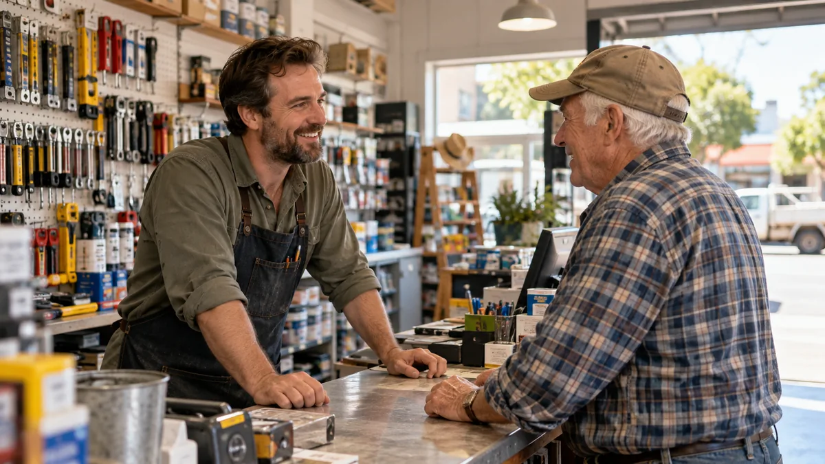 Hardware shop owner chatting with older local customer at counter, friendly neighbourhood scene.