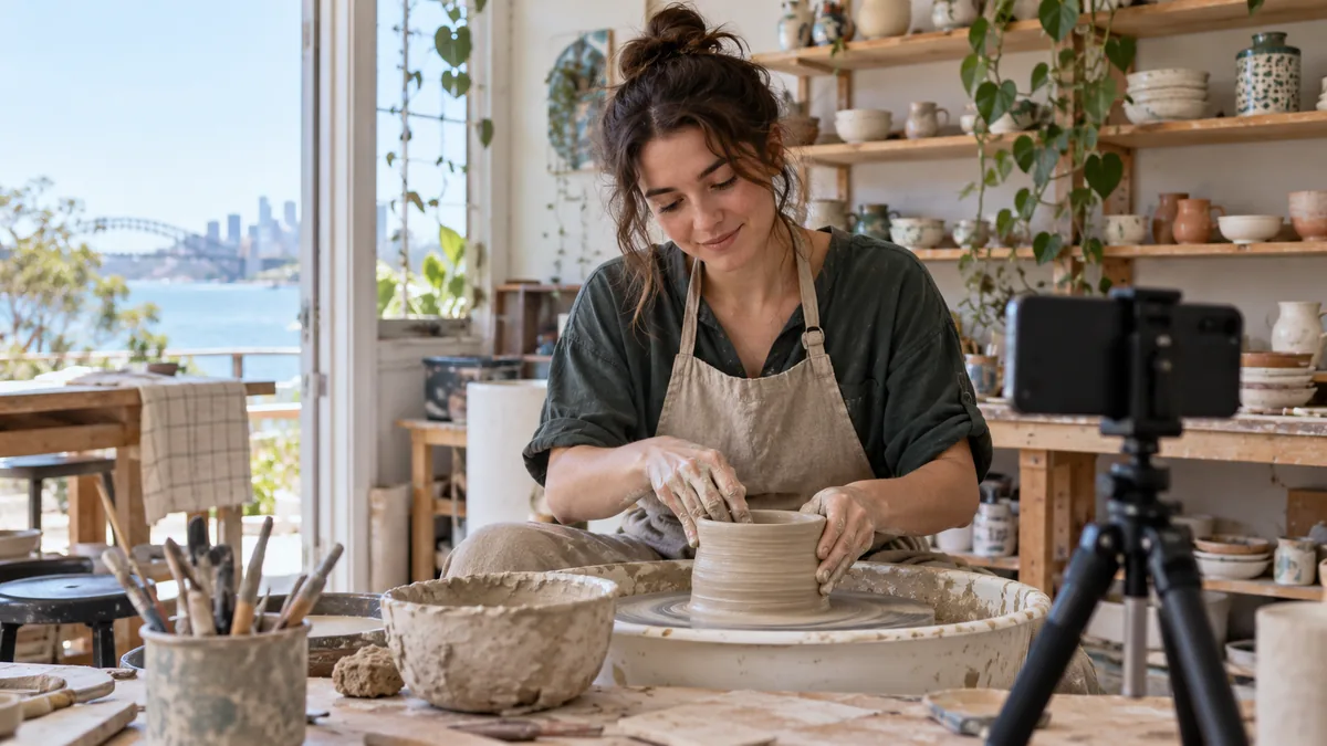 Young adult ceramics maker recording a short pottery demonstration on tripod-mounted smartphone, hands working clay.