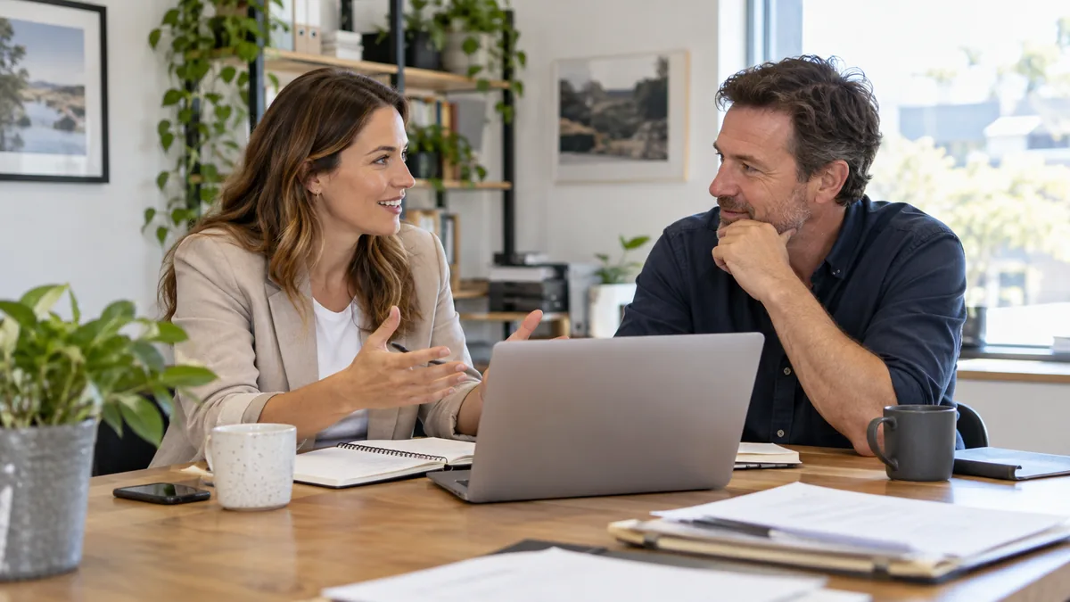 Female business consultant meeting male small business director at bright modest office table.