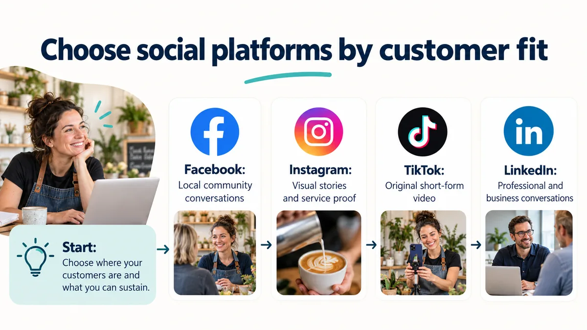 Choose social platforms by customer fit. Facebook: local community conversations. Instagram: visual stories and service proof. TikTok: original short-form video. LinkedIn: professional and business conversations. Start: choose where your customers are and what you can sustain.