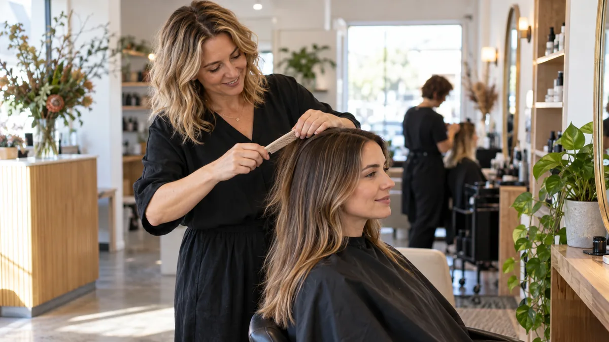 Experienced female stylist carefully combing client hair before cut in bright boutique salon, no scissors near skin.