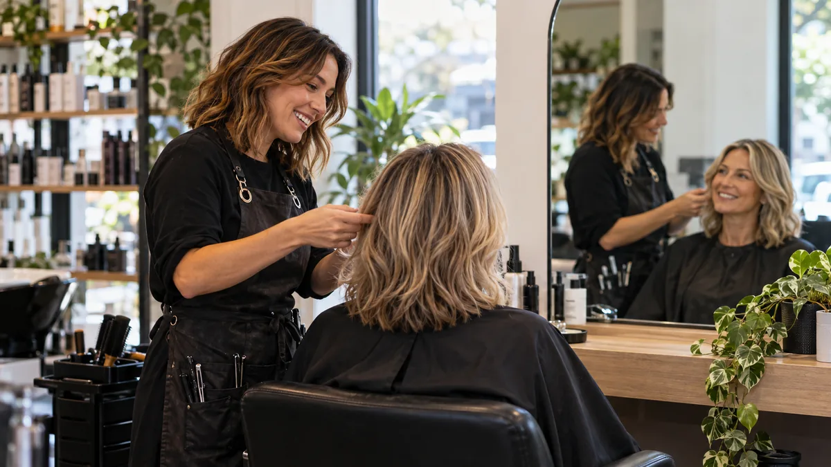 Hair stylist and adult client discussing hairstyle in mirror, natural warm rapport, reflection geometrically plausible.