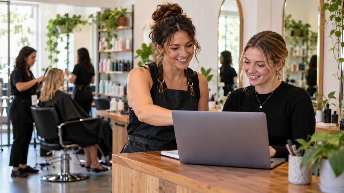 Salon owner in apron reviews appointment schedule on laptop with receptionist, laptop back toward camera.