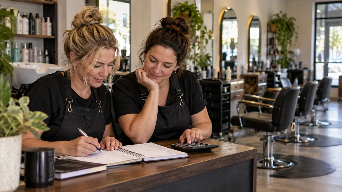 Two salon owners review bookings notebook and calculator after closing, salon chairs in background.