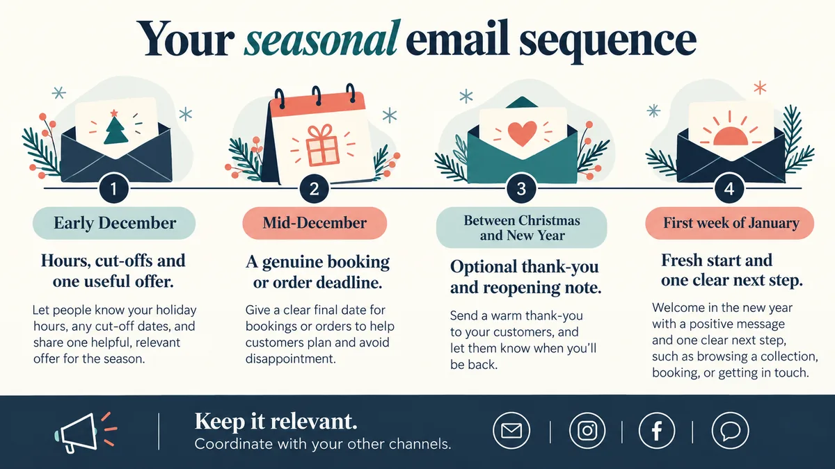 Christmas and New Year email sequence timeline: early December heads up, mid-December last chance, optional quiet-week thank you, first week of January re-engagement.