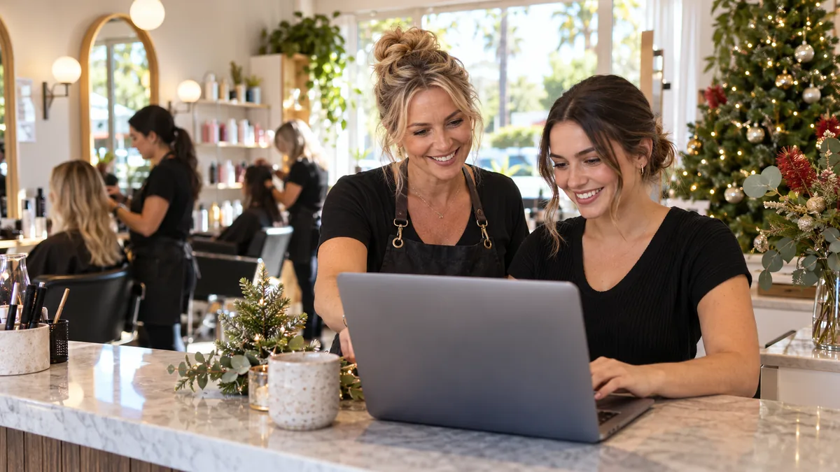 Hair salon owner and receptionist reviewing appointment calendar before Christmas, subtle festive greenery, sunny Australian salon.