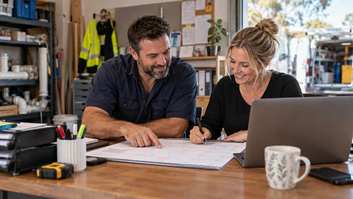 Male plumbing owner and female office manager plan holiday availability on paper calendar in workshop office.