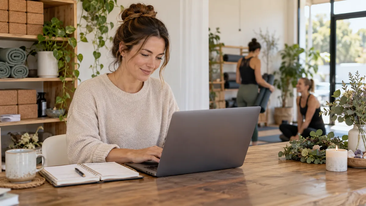 Female wellness studio owner prepares customer messages on laptop beside appointment diary, tasteful small wreath.