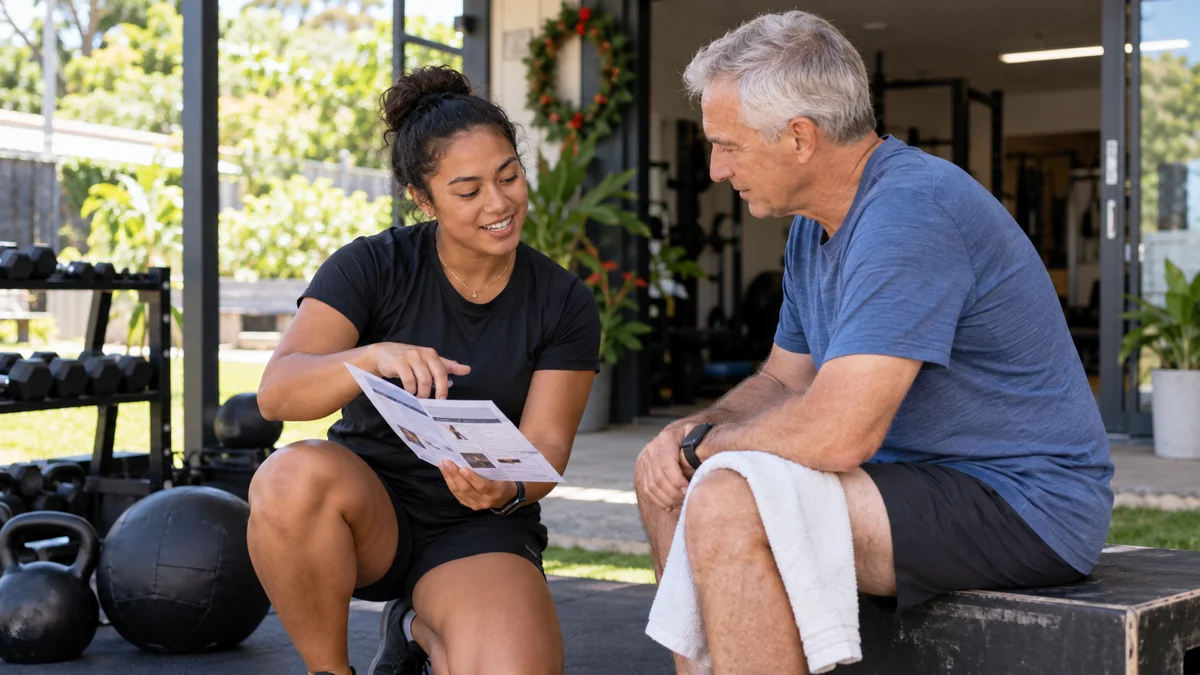 A trainer explains a structured session package to a client.