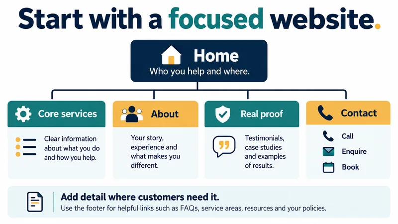 A simple sitemap showing the handful of pages a focused small business website needs to start with.