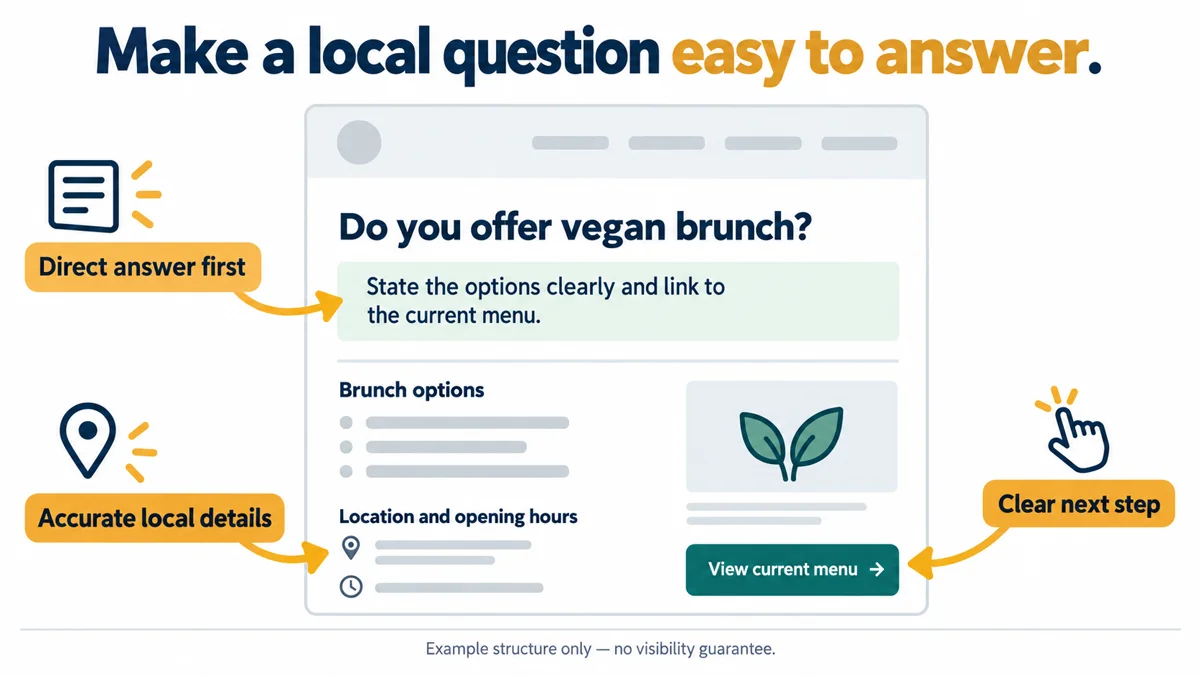 An annotated page sketch shows a direct answer, accurate local details and a clear next step.